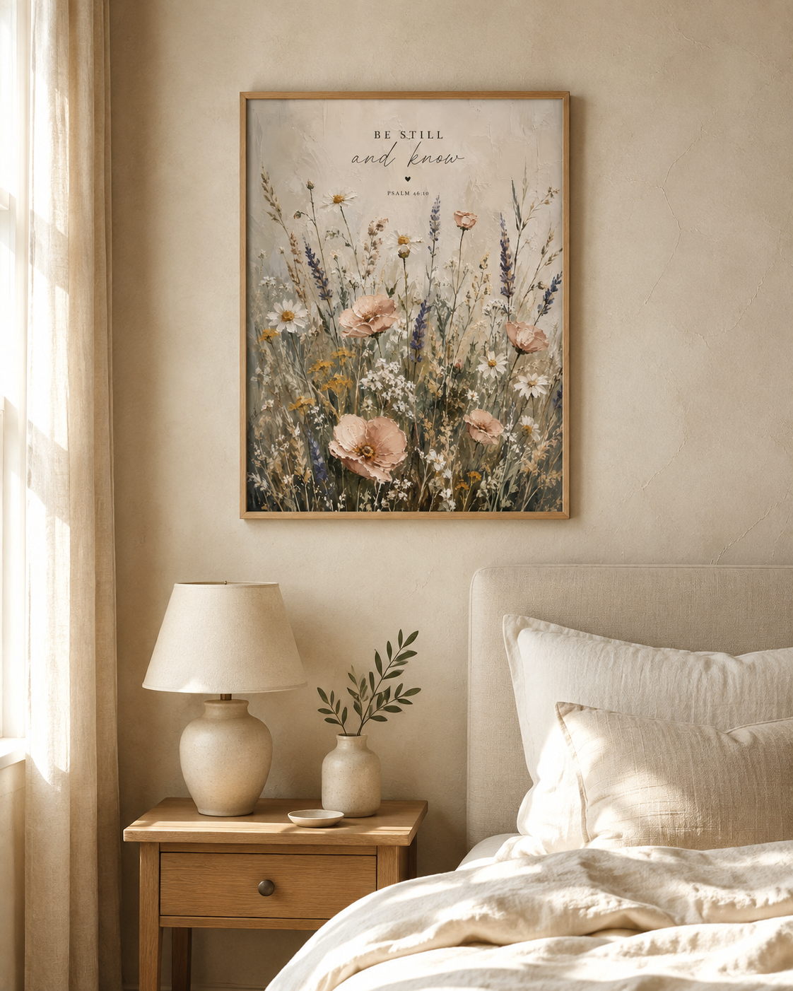 Be Still and Know Psalm 46:10 artwork with a softly painted wildflower meadow styled in a bedroom