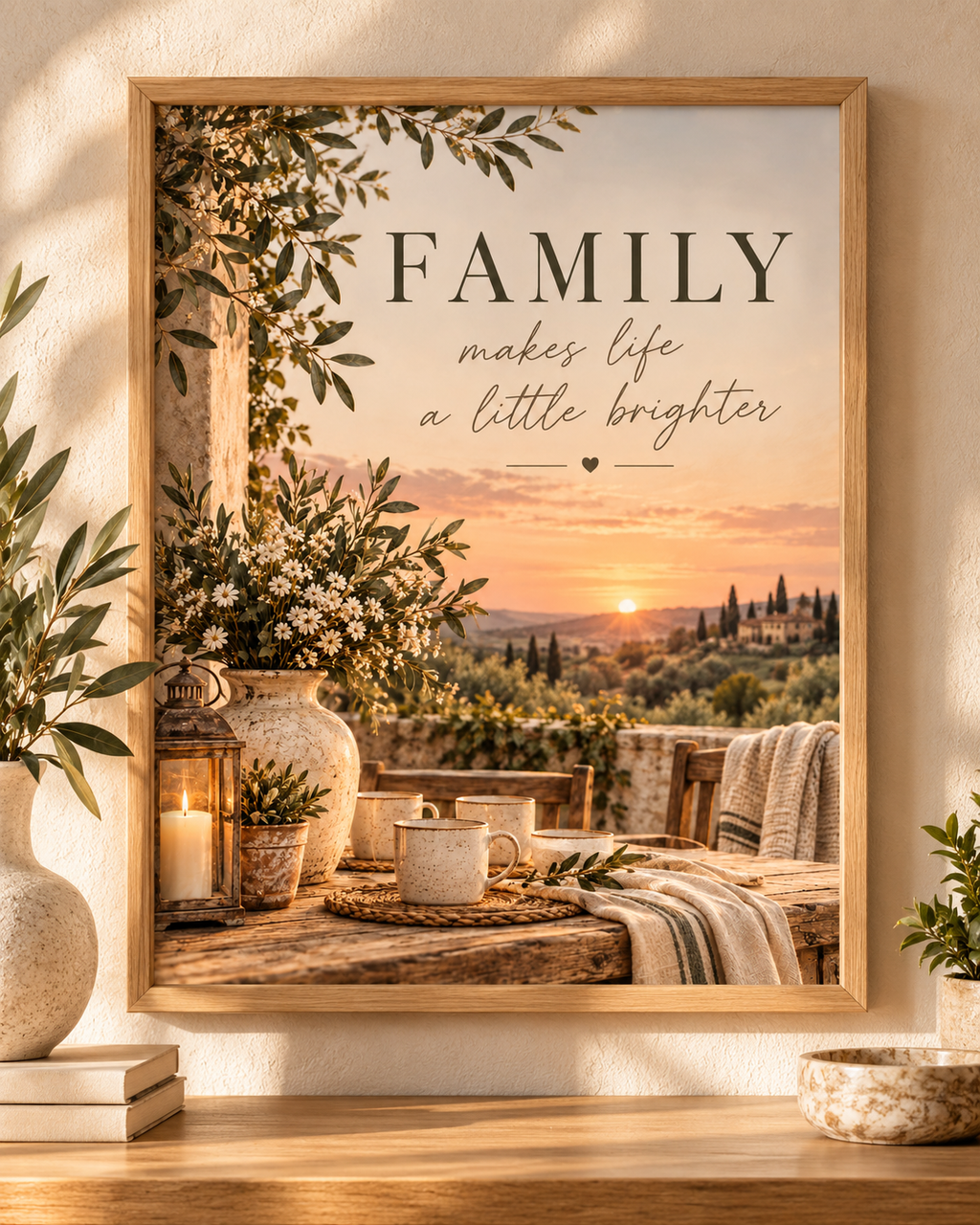Family makes life a little brighter quote with Tuscan countryside sunset, olive greenery, white flowers, rustic ceramics and candlelight; print only, frame not included