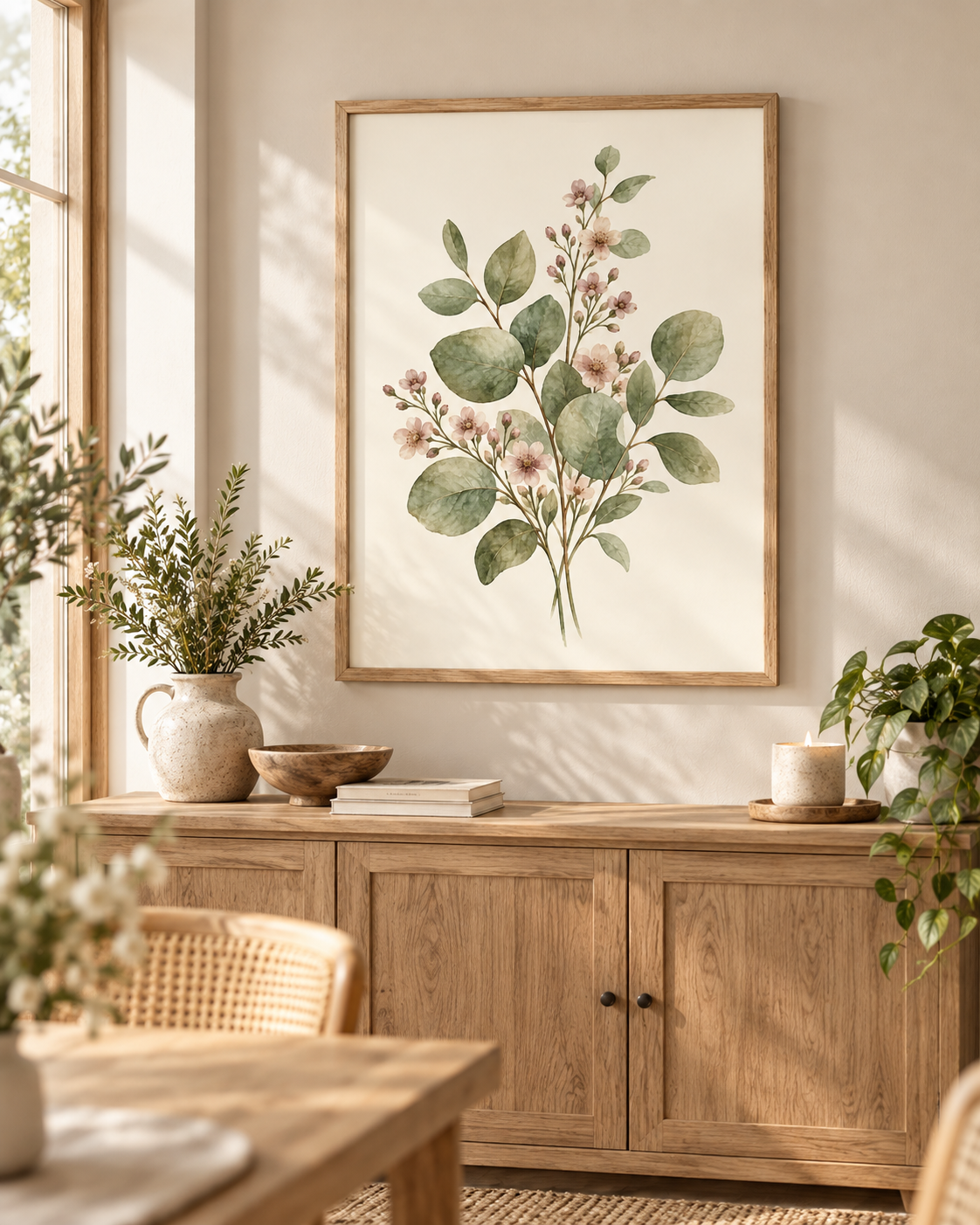 Sage green leaves and delicate blush pink flowers in a botanical watercolour arrangement styled in a dining area