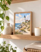 Painterly coastal landscape with white lighthouse and cottage, blue ocean waves, rocky shore, sandy path, wooden fence and coastal grasses styled in a shelf display
