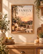 Family makes life a little brighter quote with Tuscan countryside sunset, olive greenery, white flowers, rustic ceramics and candlelight styled in a sideboard display