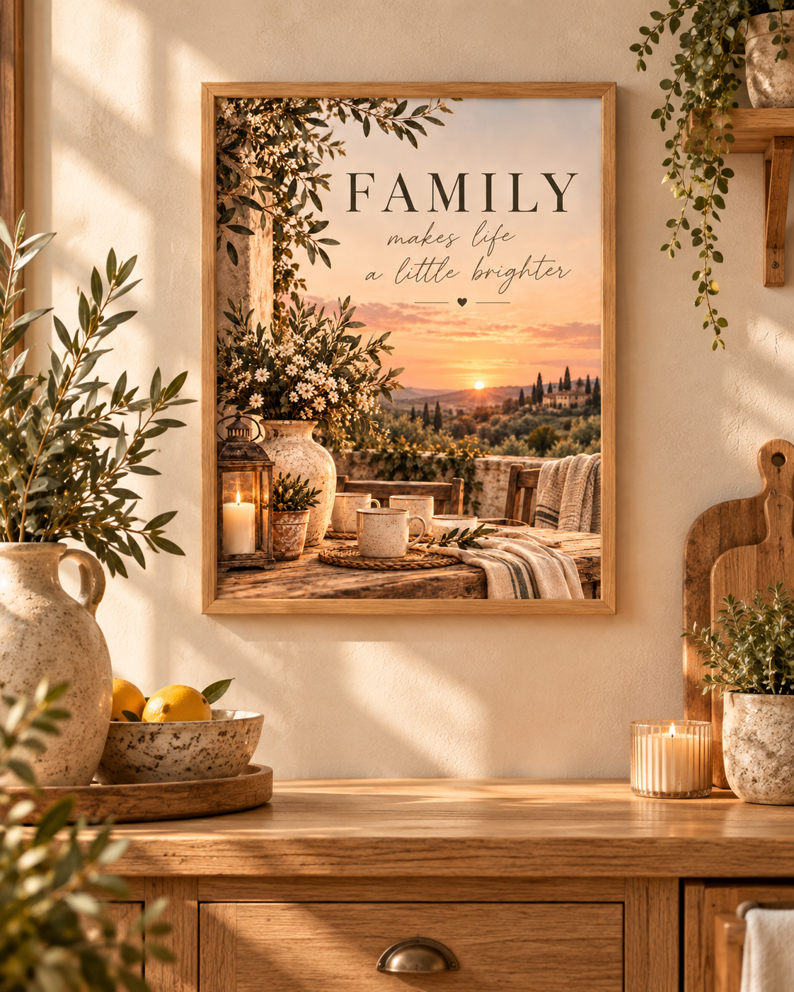 Family makes life a little brighter quote with Tuscan countryside sunset, olive greenery, white flowers, rustic ceramics and candlelight styled in a sideboard display