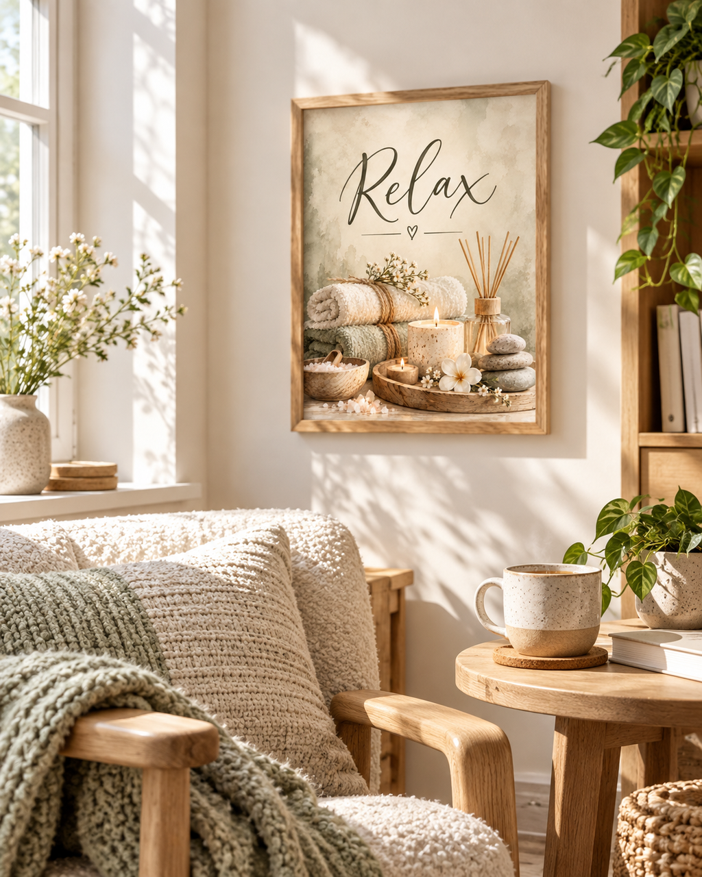 Relax spa artwork with candles, rolled towels, reed diffuser and smooth stones above a sideboard