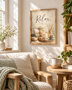 Relax spa artwork with candles, rolled towels, reed diffuser and smooth stones above a sideboard
