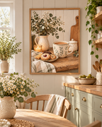 Cosy coffee and biscuits still life with botanical ceramic mug, white flowers, sage greenery, candle and rustic wooden tabletop styled in a cottage kitchen