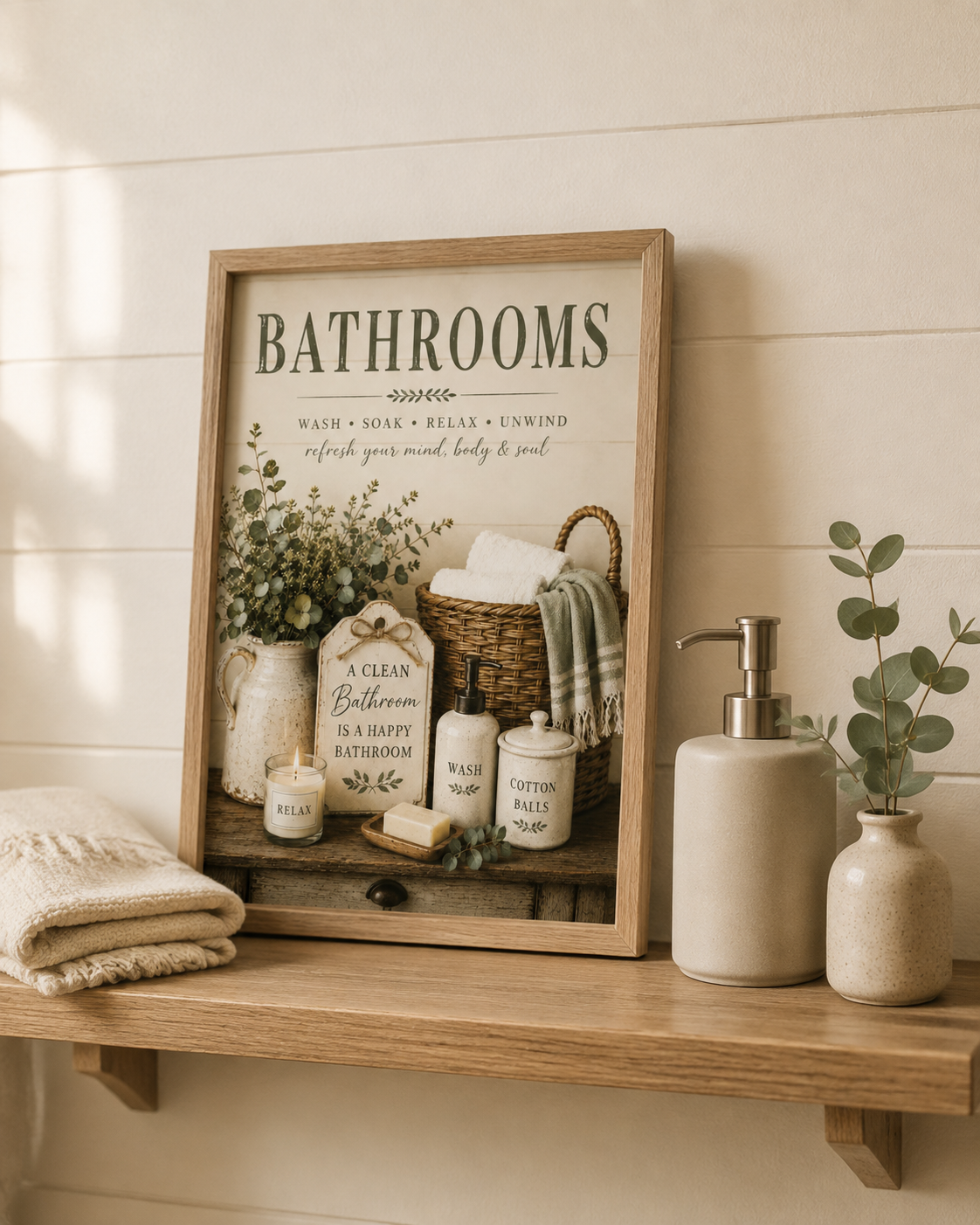 Farmhouse bathroom typography with wash soak relax unwind wording, sage foliage, towels, wicker basket and ceramic accessories styled in a shelf display