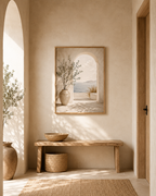 Mediterranean olive tree and stone archway overlooking a calm sea styled in a hallway
