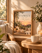 Family makes life a little brighter quote with Tuscan countryside sunset, olive greenery, white flowers, rustic ceramics and candlelight styled in a reading corner