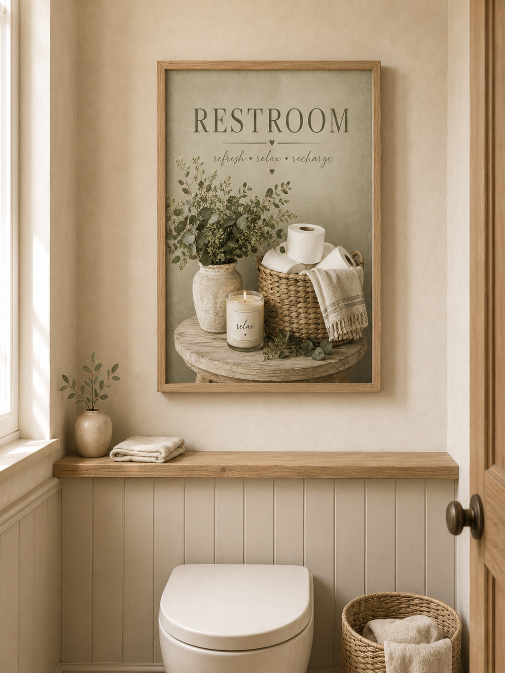 Sage green Restroom artwork styled in a warm neutral bathroom 4; frame shown for styling only.
