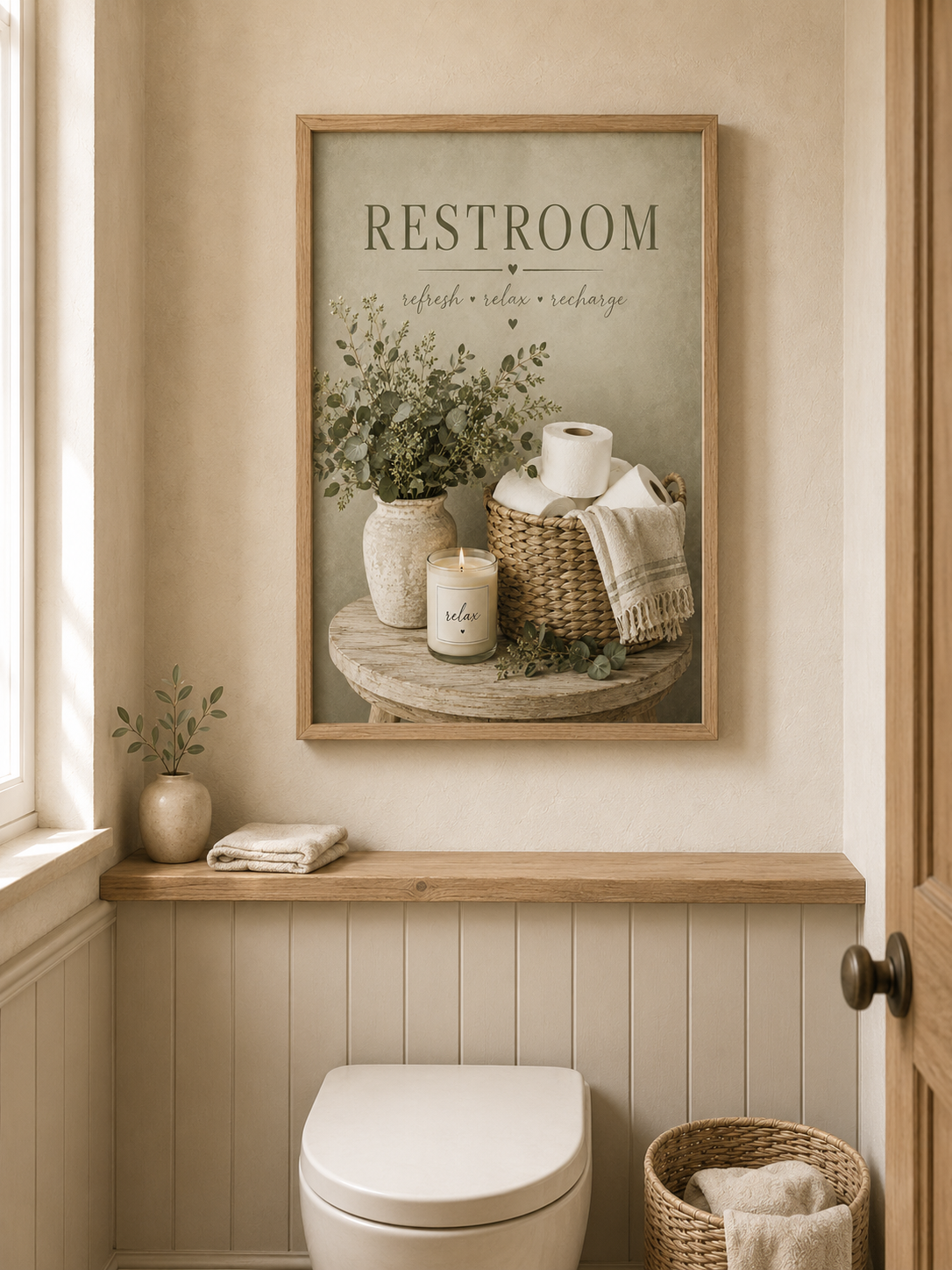 Sage green Restroom artwork styled in a warm neutral bathroom 4; frame shown for styling only.