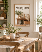 Mudroom artwork with green wellies, country flowers, baskets and rustic bench in a styled home display