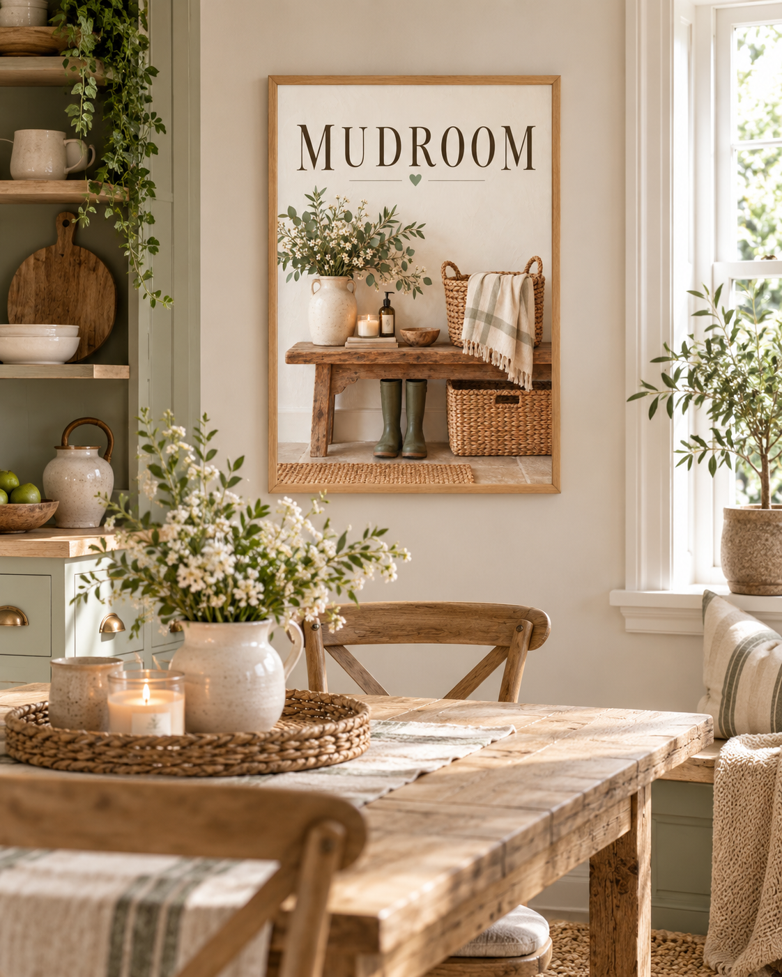 Mudroom artwork with green wellies, country flowers, baskets and rustic bench in a styled home display