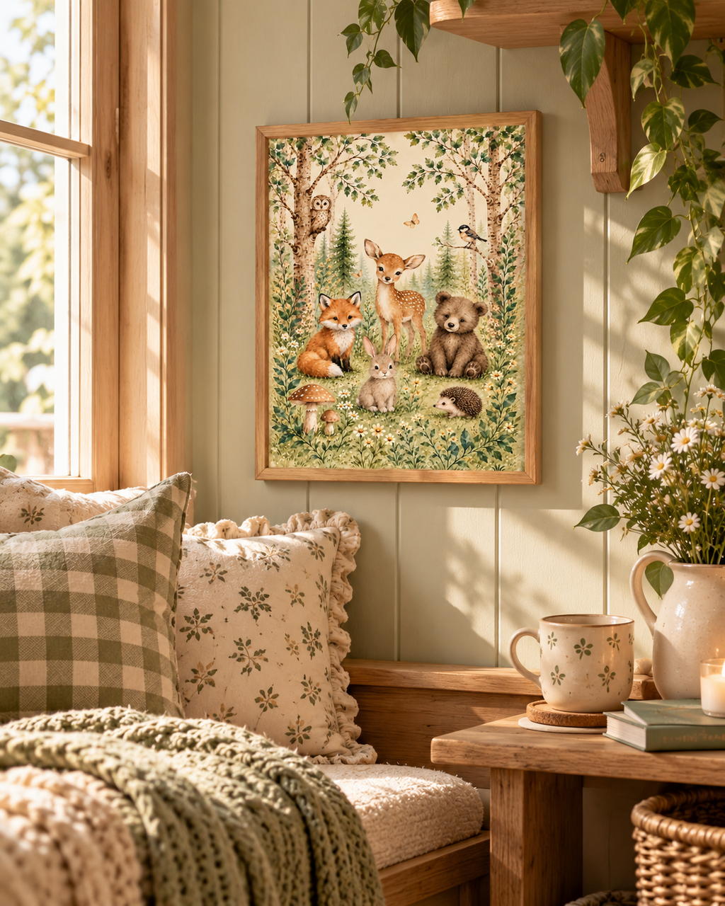 Watercolour woodland animals with fawn, fox, bear cub, bunny, hedgehog, owl and bird among trees and flowers styled in a nursery