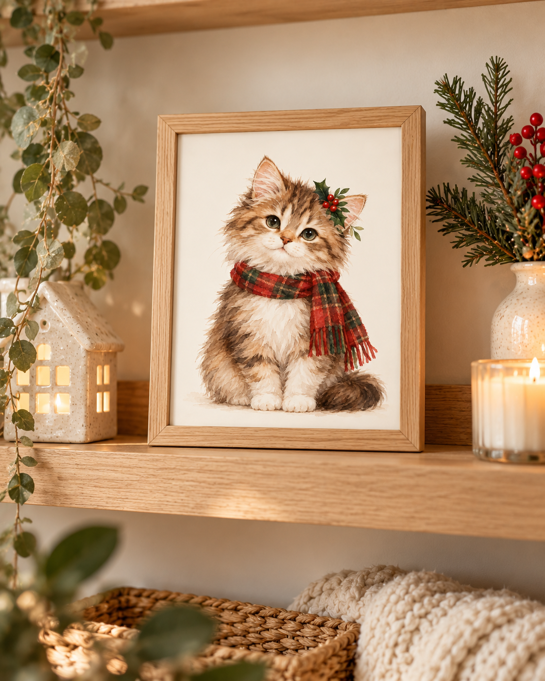 Fluffy Christmas tabby kitten wearing a tartan scarf and holly styled in a shelf display
