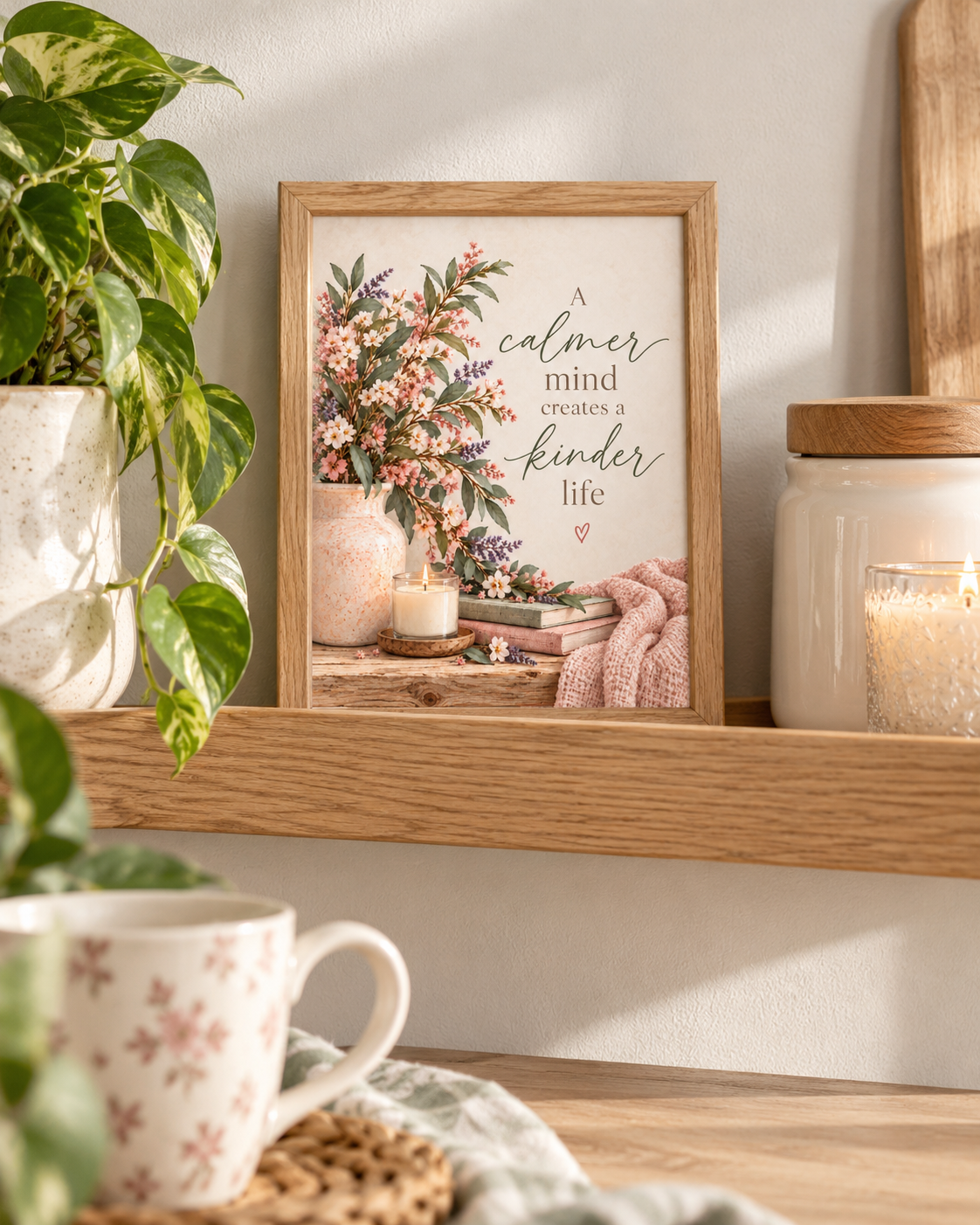 A calmer mind creates a kinder life quote with pink and ivory flowers, sage foliage, ceramic vase, candle, books and blush knitted throw styled in a shelf display