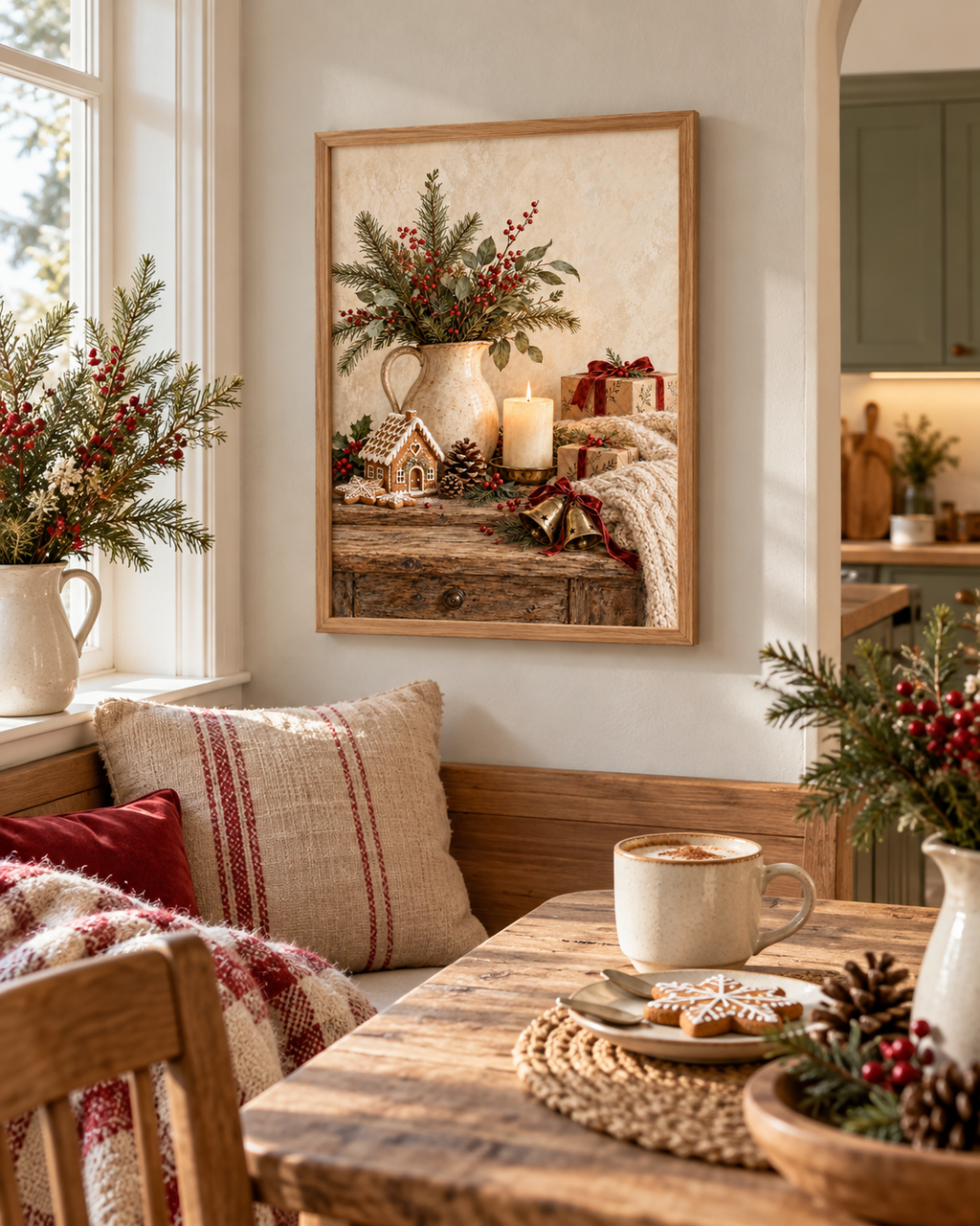 Rustic Christmas artwork with a gingerbread house, winter greenery, candle and wrapped gifts beside a cosy armchair