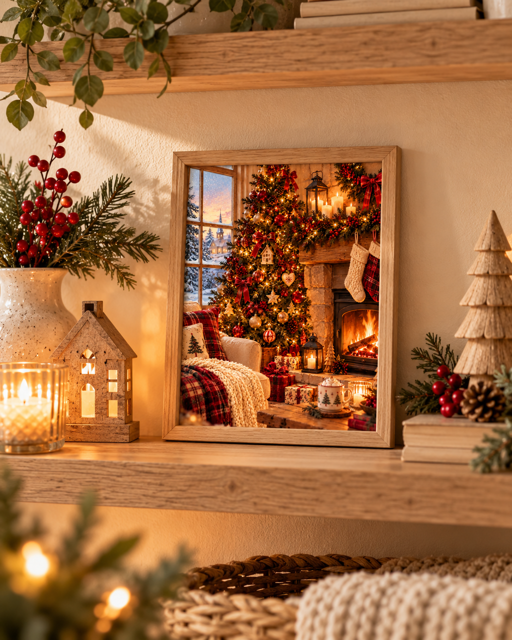 Cosy Christmas living room with a decorated tree, glowing fireplace, stockings and snowy cottage view styled in a shelf display