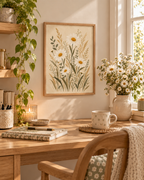 Cream daisy wildflowers with sage green foliage styled in a dining room