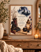 Magical snowy owl, moonlit castle, books, wizard hat and glowing lantern with an inspirational light and happiness quote styled in a sideboard display
