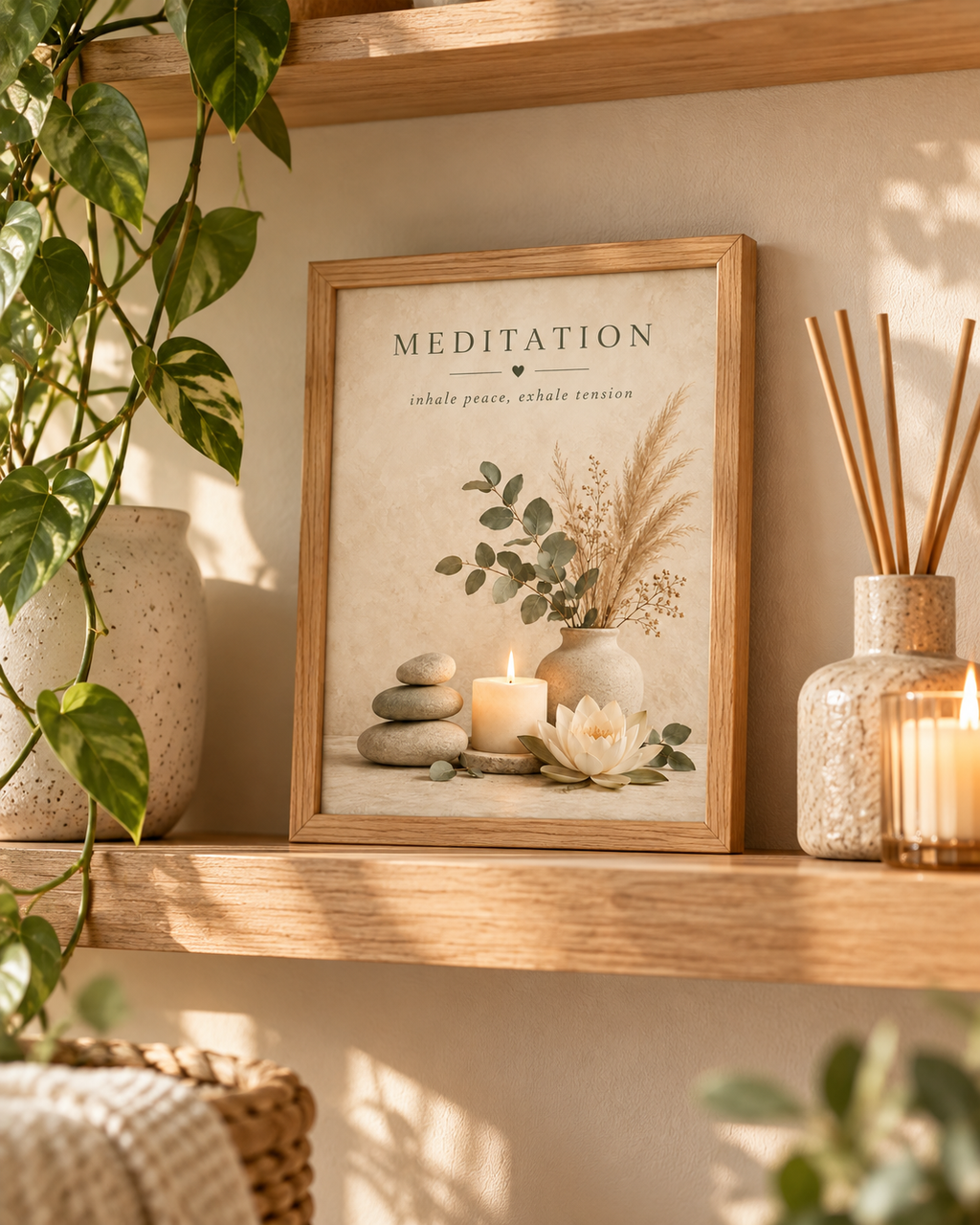 Meditation artwork with the words inhale peace, exhale tension, botanical stems, lotus flower, candle and stones styled in a shelf