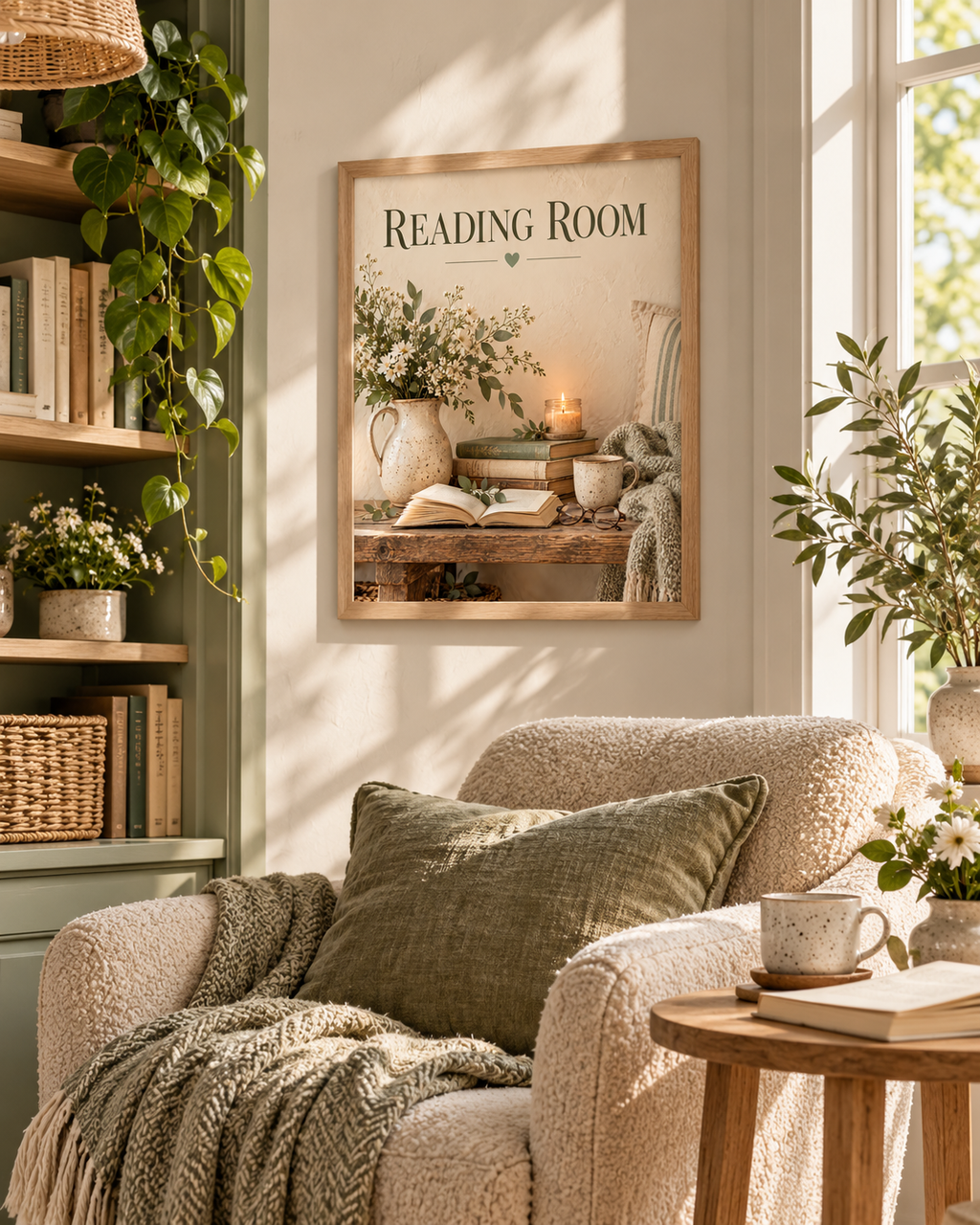 Reading Room still life with books, reading glasses, coffee, candle and flowers in a cream jug in a styled home display