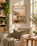 Reading Room still life with books, reading glasses, coffee, candle and flowers in a cream jug in a styled home display