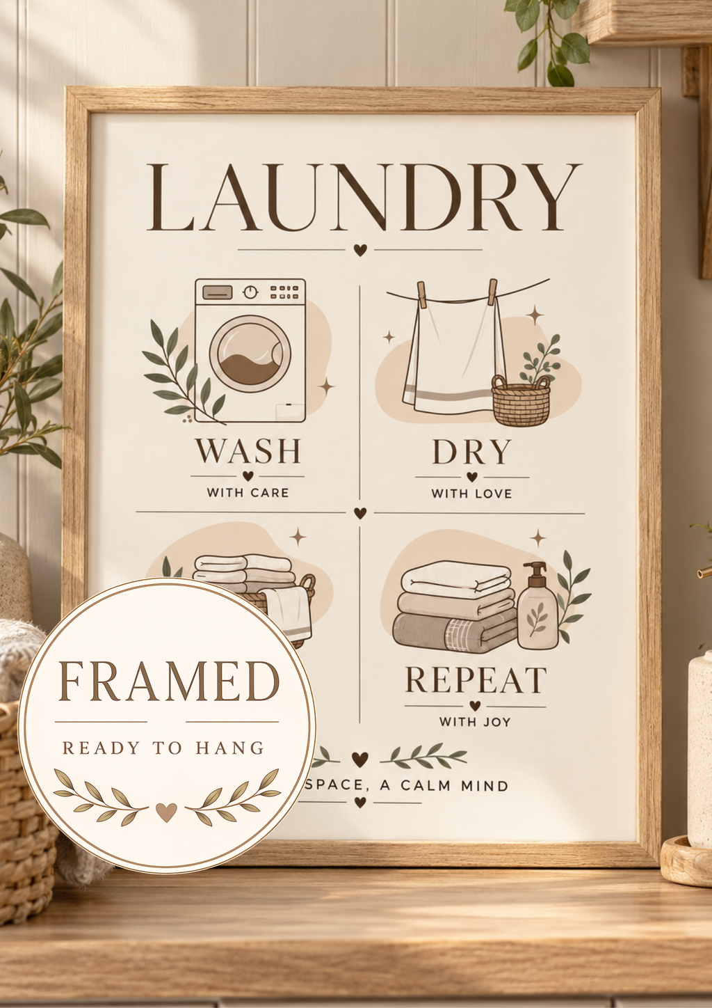 Wash Dry Sort Repeat laundry artwork with washing machine, drying line, woven basket, folded towels and botanical sprigs; framed and ready to hang badge