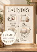 Wash Dry Sort Repeat laundry artwork with washing machine, drying line, woven basket, folded towels and botanical sprigs; framed and ready to hang badge