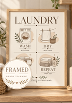 Wash Dry Sort Repeat laundry artwork with washing machine, drying line, woven basket, folded towels and botanical sprigs; framed and ready to hang badge
