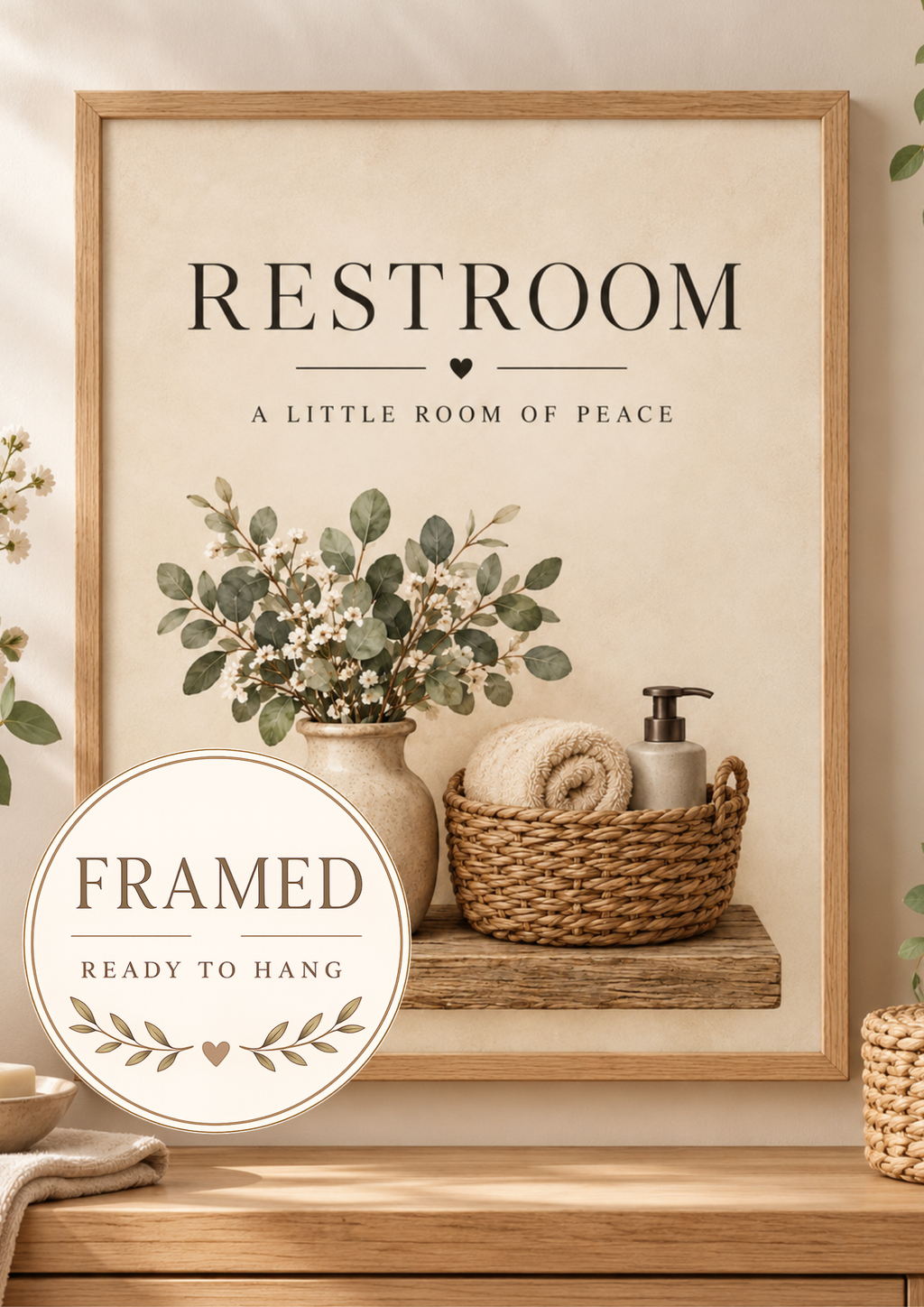 Restroom a little room of peace quote with botanical vase, ivory white flowers, rustic shelf, woven basket, towel and soap dispenser; framed and ready to hang badge