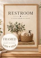 Restroom a little room of peace quote with botanical vase, ivory white flowers, rustic shelf, woven basket, towel and soap dispenser; framed and ready to hang badge