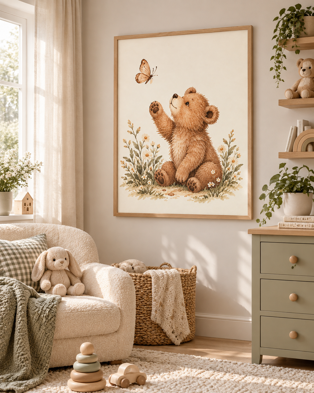 Watercolour teddy bear raising a paw towards a butterfly among daisies and soft foliage styled in a nursery
