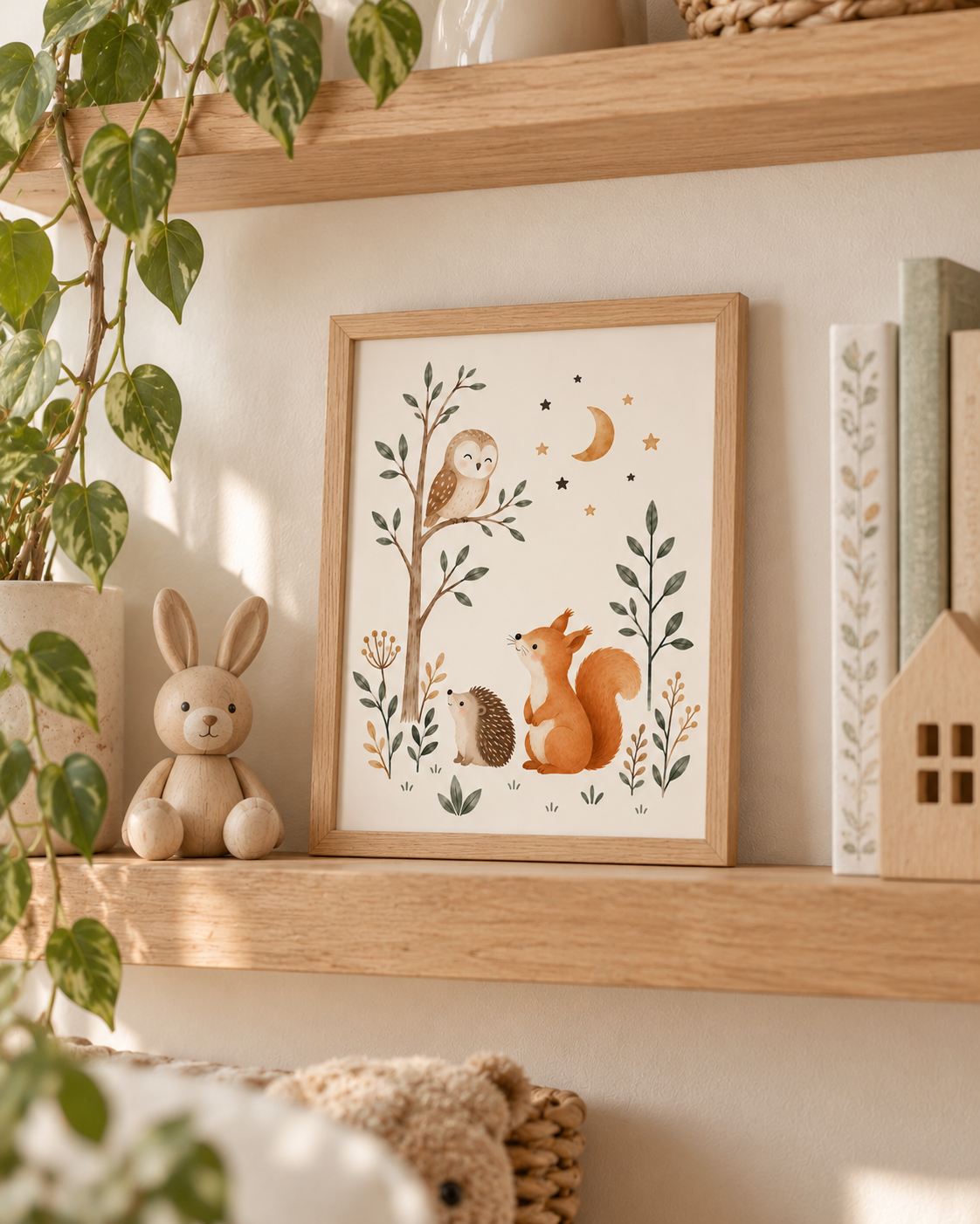 Woodland nursery owl, squirrel and hedgehog beneath a crescent moon and stars styled in a shelf display