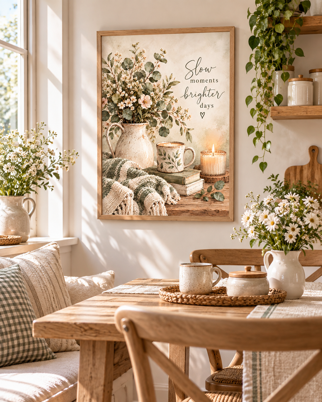Slow moments brighter days artwork above a sunny dining table