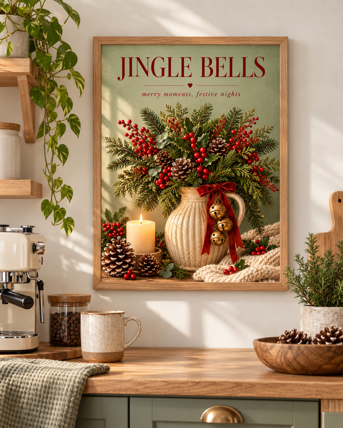 Jingle Bells Christmas artwork with evergreen foliage, red berries, gold bells, candle and pine cones styled in a kitchen