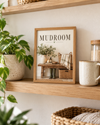 Mudroom artwork with green wellies, country flowers, baskets and rustic bench in a styled home display