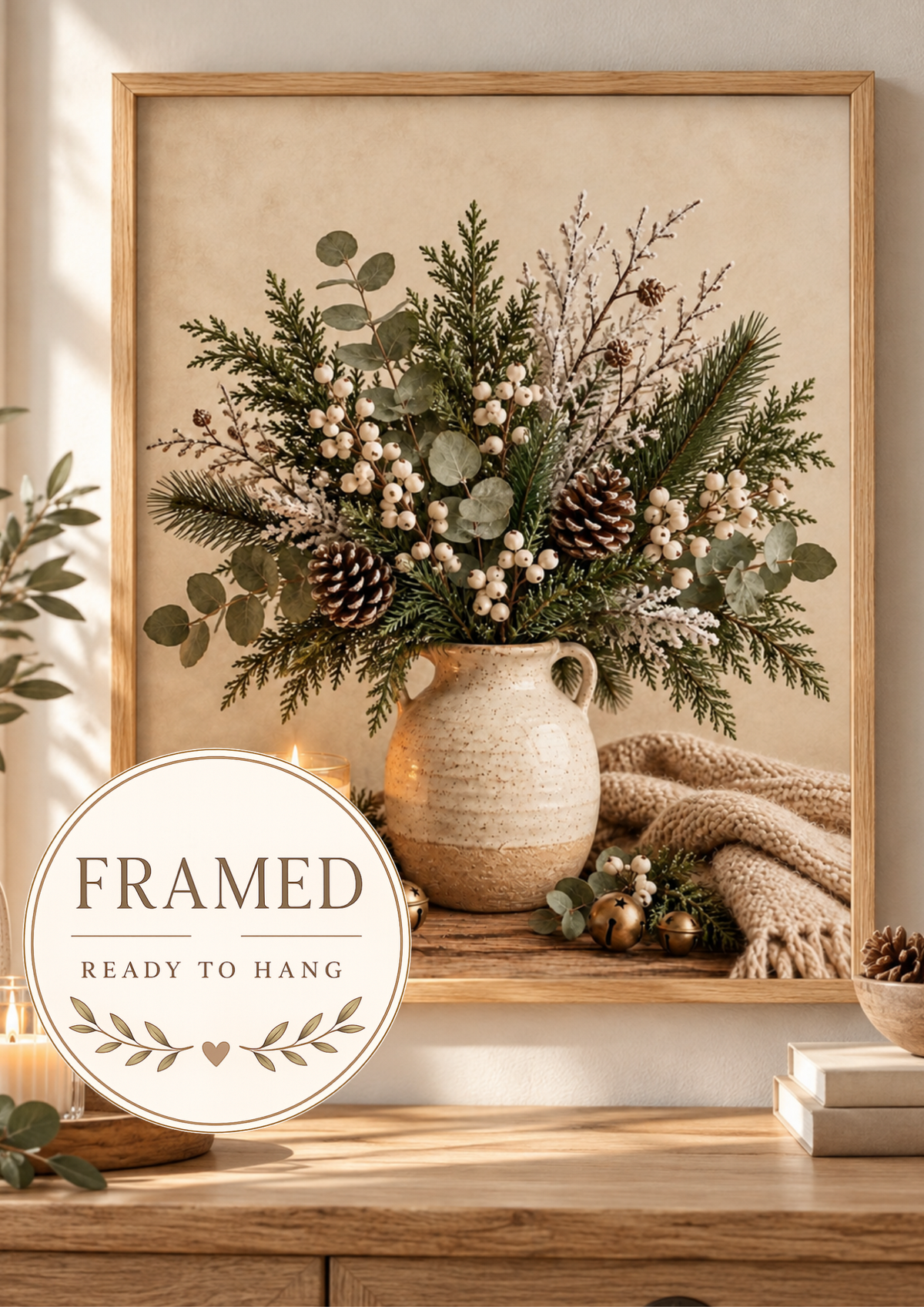 Winter botanical still life with evergreen foliage, eucalyptus, white berries and pine cones in a rustic jug, candle, brass bells and knitted blanket; framed and ready to hang badge