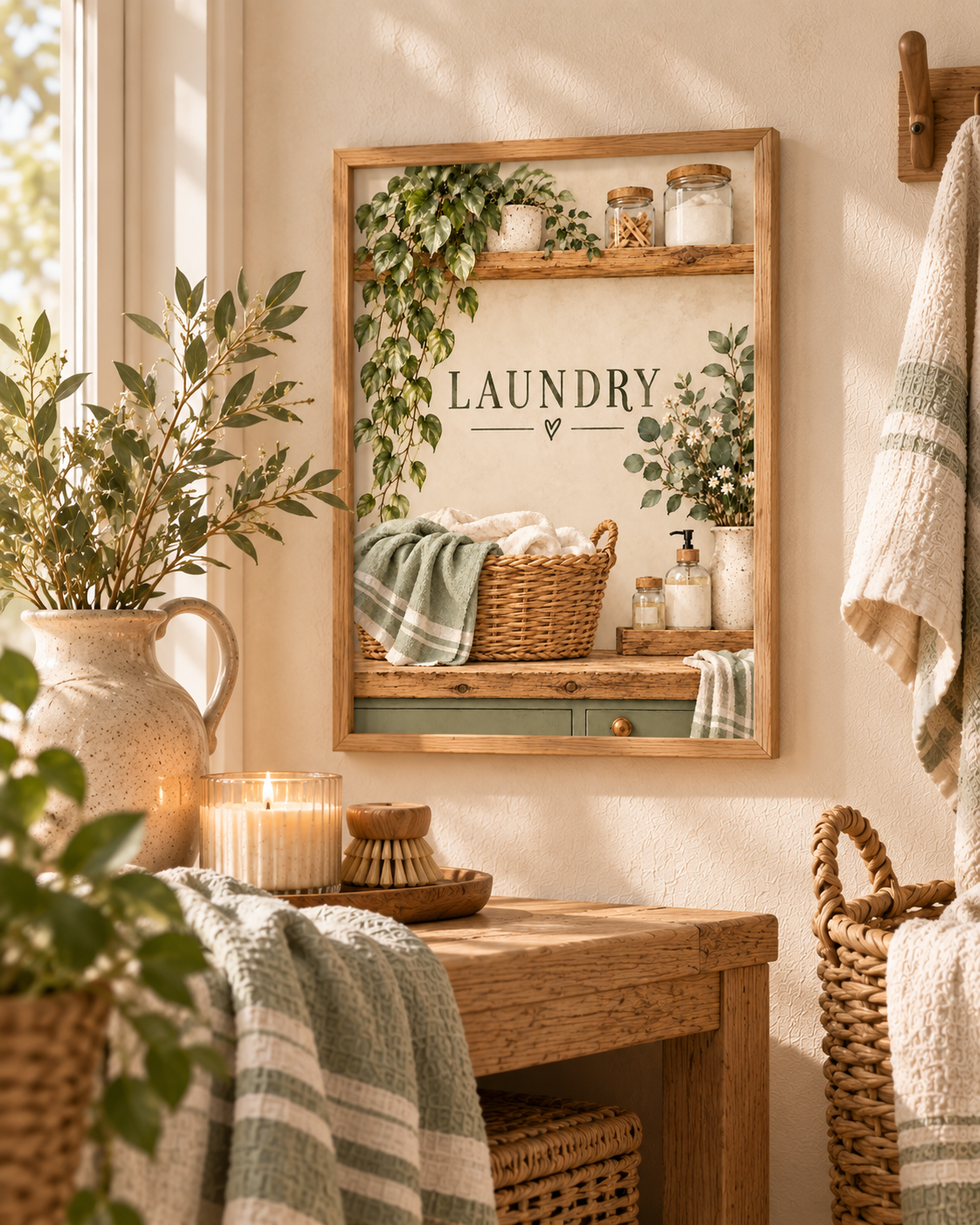 Botanical laundry artwork with LAUNDRY lettering, woven linen basket, trailing greenery, cream flowers and rustic wooden shelves styled in a rustic laundry room