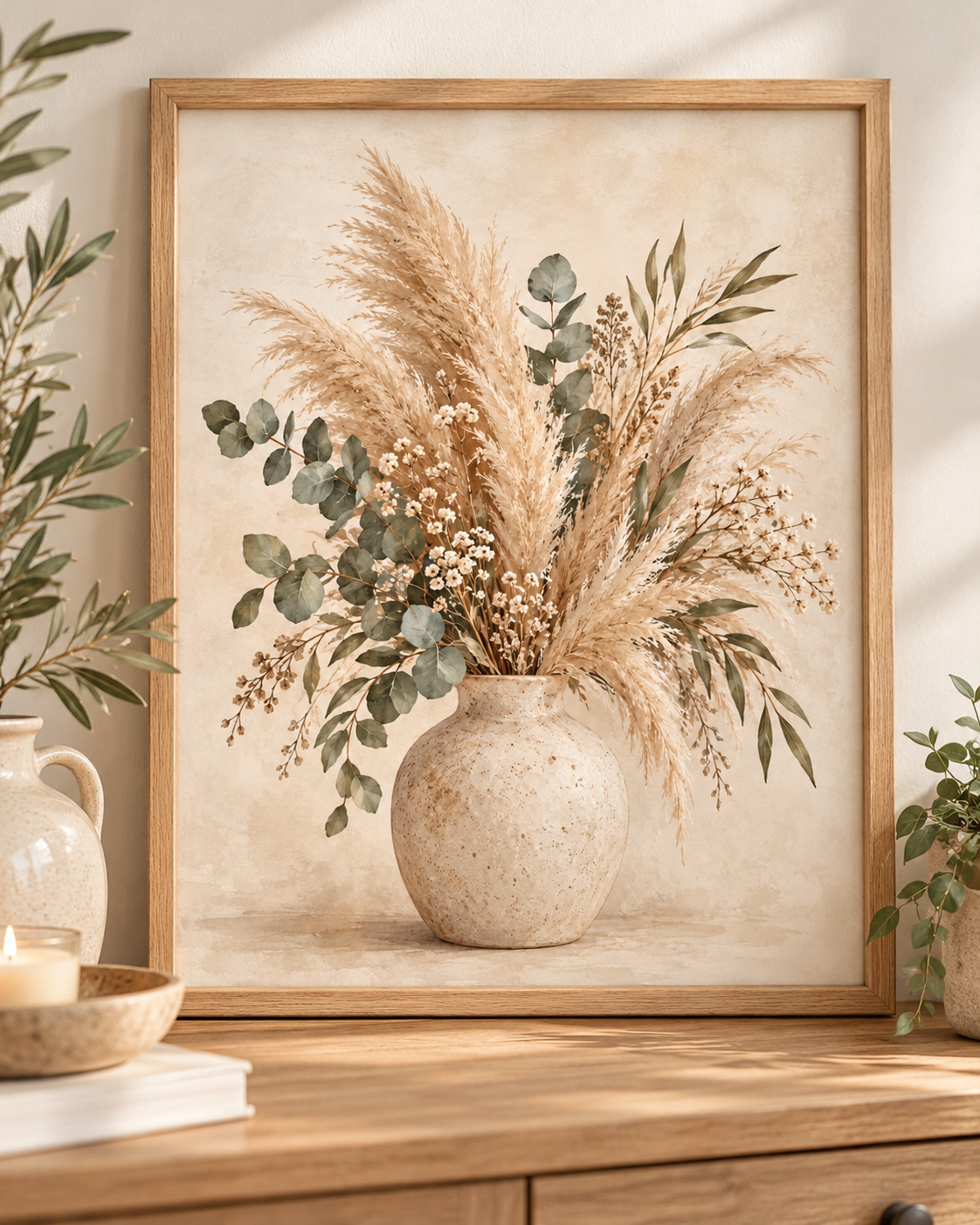 Neutral pampas grass, eucalyptus and tiny white flowers arranged in a rustic ceramic vase; print only, frame not included