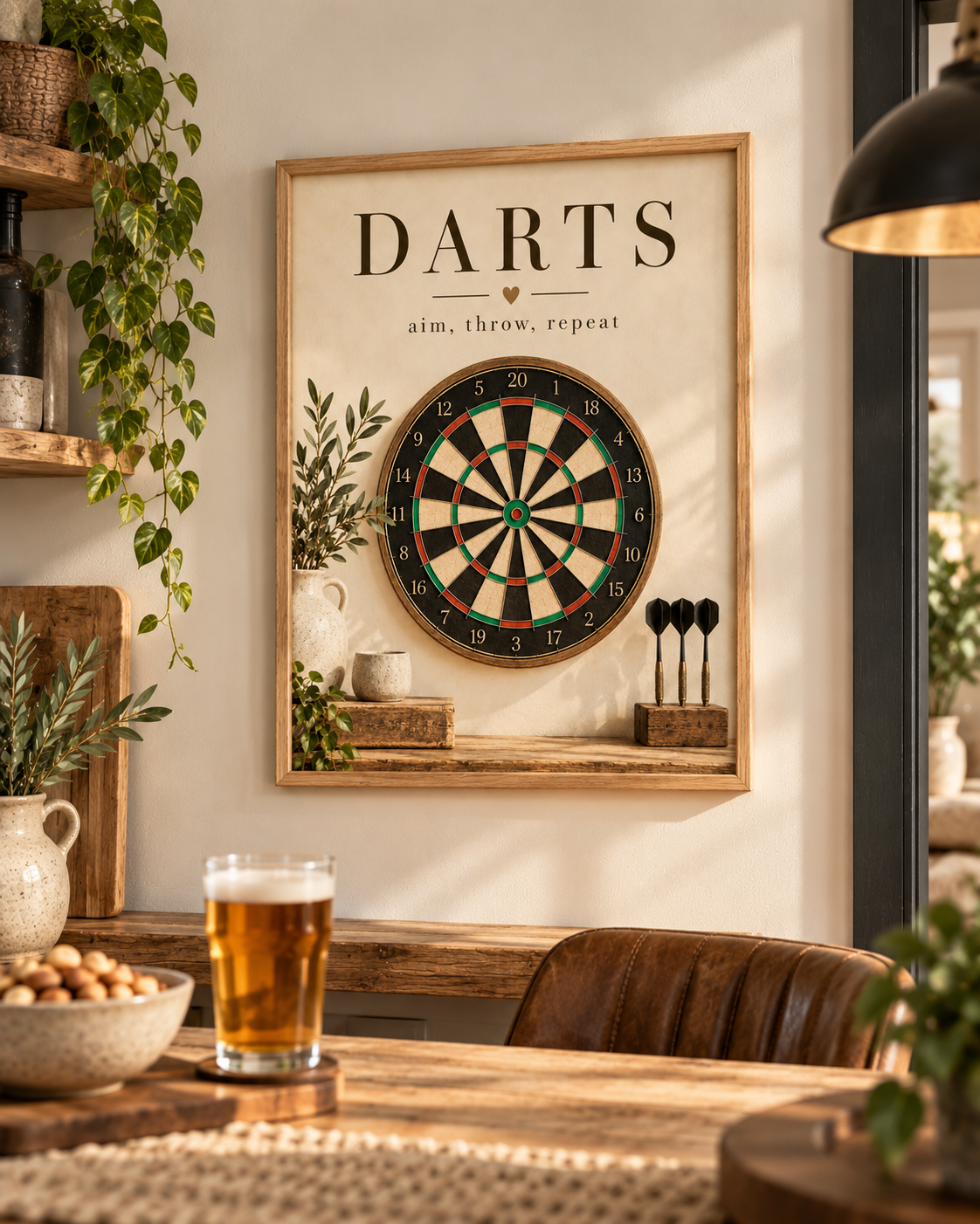 Vintage dartboard with Darts and aim, throw, repeat wording, rustic wood and greenery styled in a games room