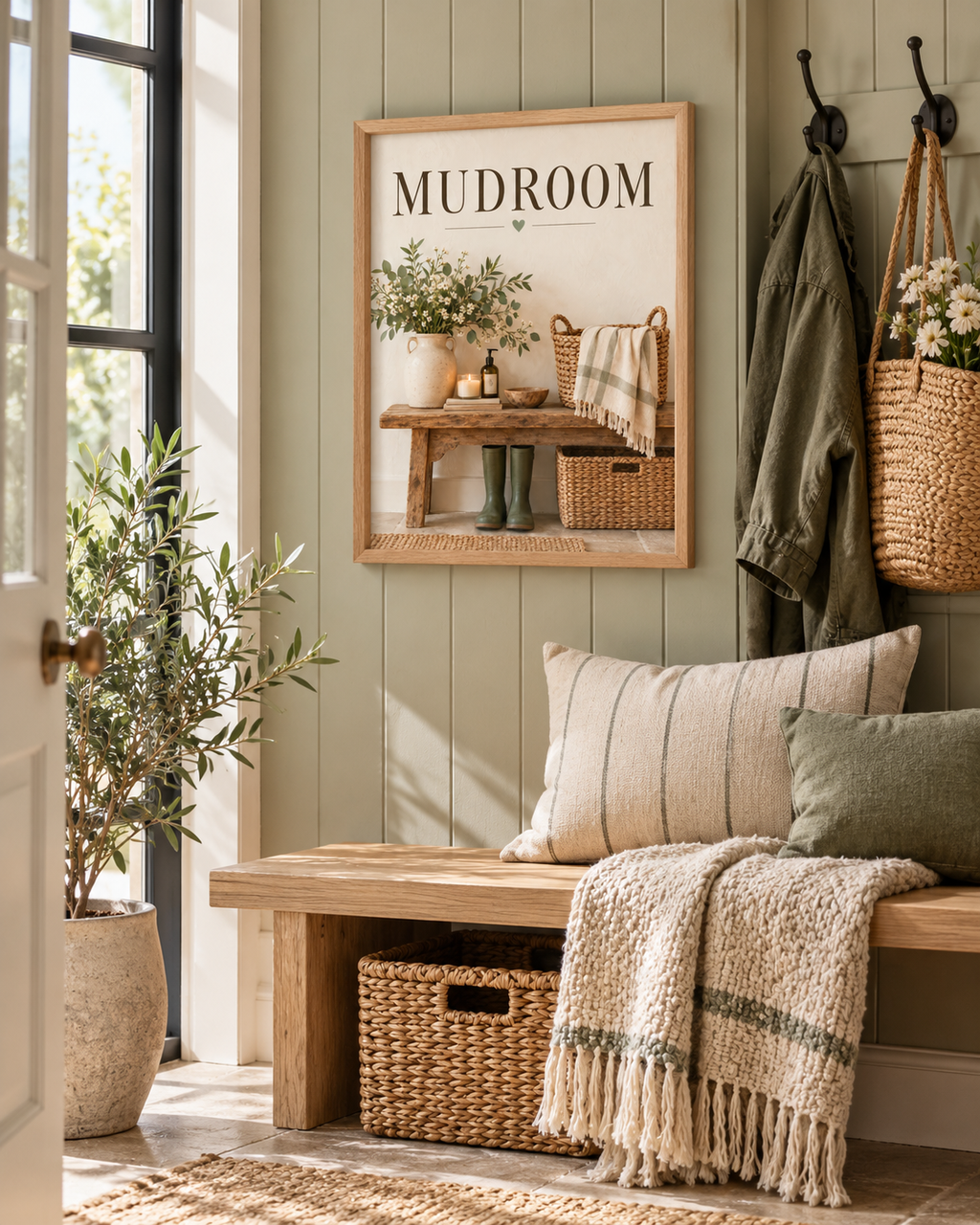 Mudroom artwork with green wellies, country flowers, baskets and rustic bench in a styled home display