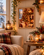 Cosy Christmas living room with a decorated tree, glowing fireplace, stockings and snowy cottage view styled in a reading corner