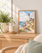 Painterly coastal landscape with white lighthouse and cottage, blue ocean waves, rocky shore, sandy path, wooden fence and coastal grasses styled in a reading corner