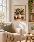 Winter botanical still life with evergreen foliage, eucalyptus, white berries and pine cones in a rustic jug, candle, brass bells and knitted blanket styled in a reading corner