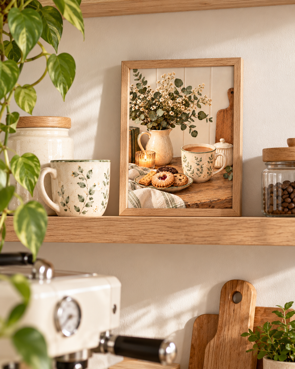 Cosy coffee and biscuits still life with botanical ceramic mug, white flowers, sage greenery, candle and rustic wooden tabletop styled in a kitchen shelf display