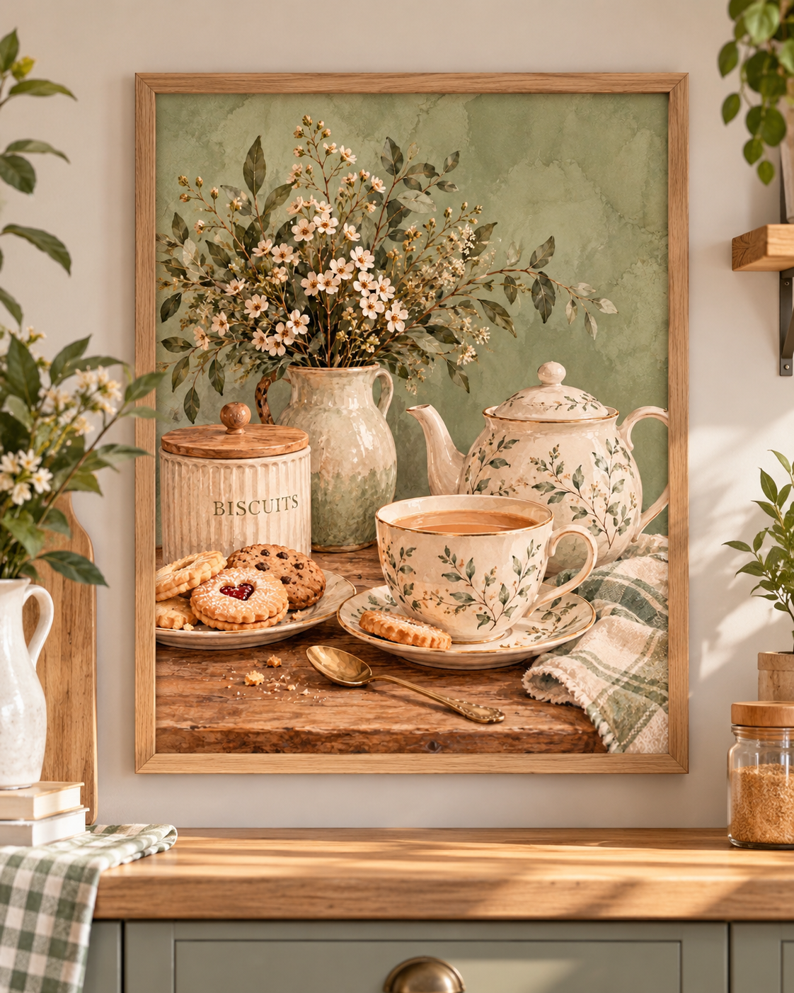 English tea and biscuits still life with floral teapot, matching teacup, cream flowers and sage-green background; print only, frame not included