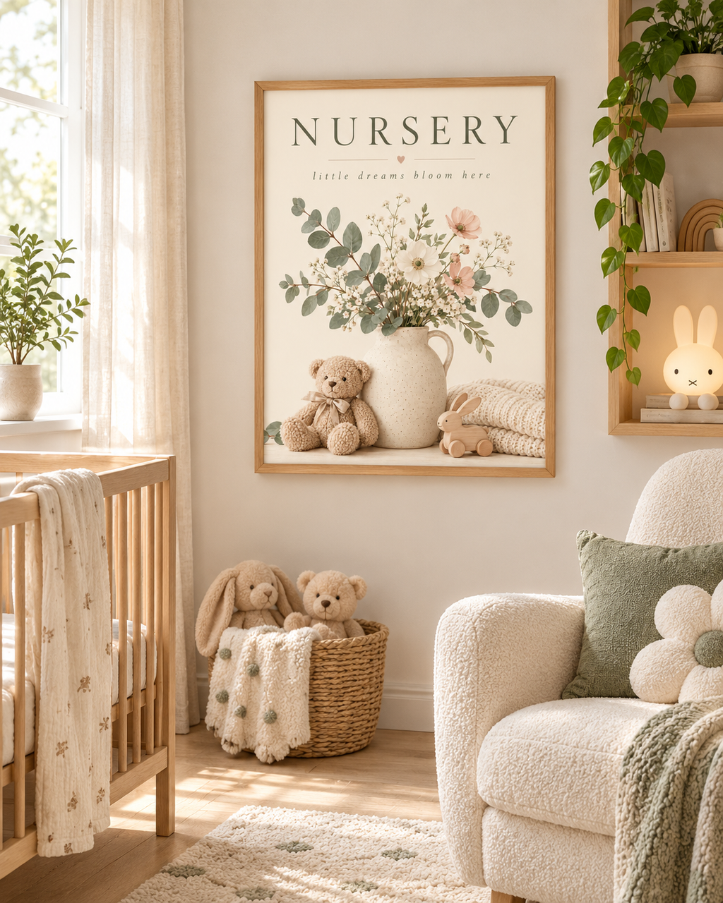 NURSERY little dreams bloom here artwork with cream and blush flowers, sage foliage, ceramic jug, teddy bear, wooden bunny and knitted blanket styled in a baby room