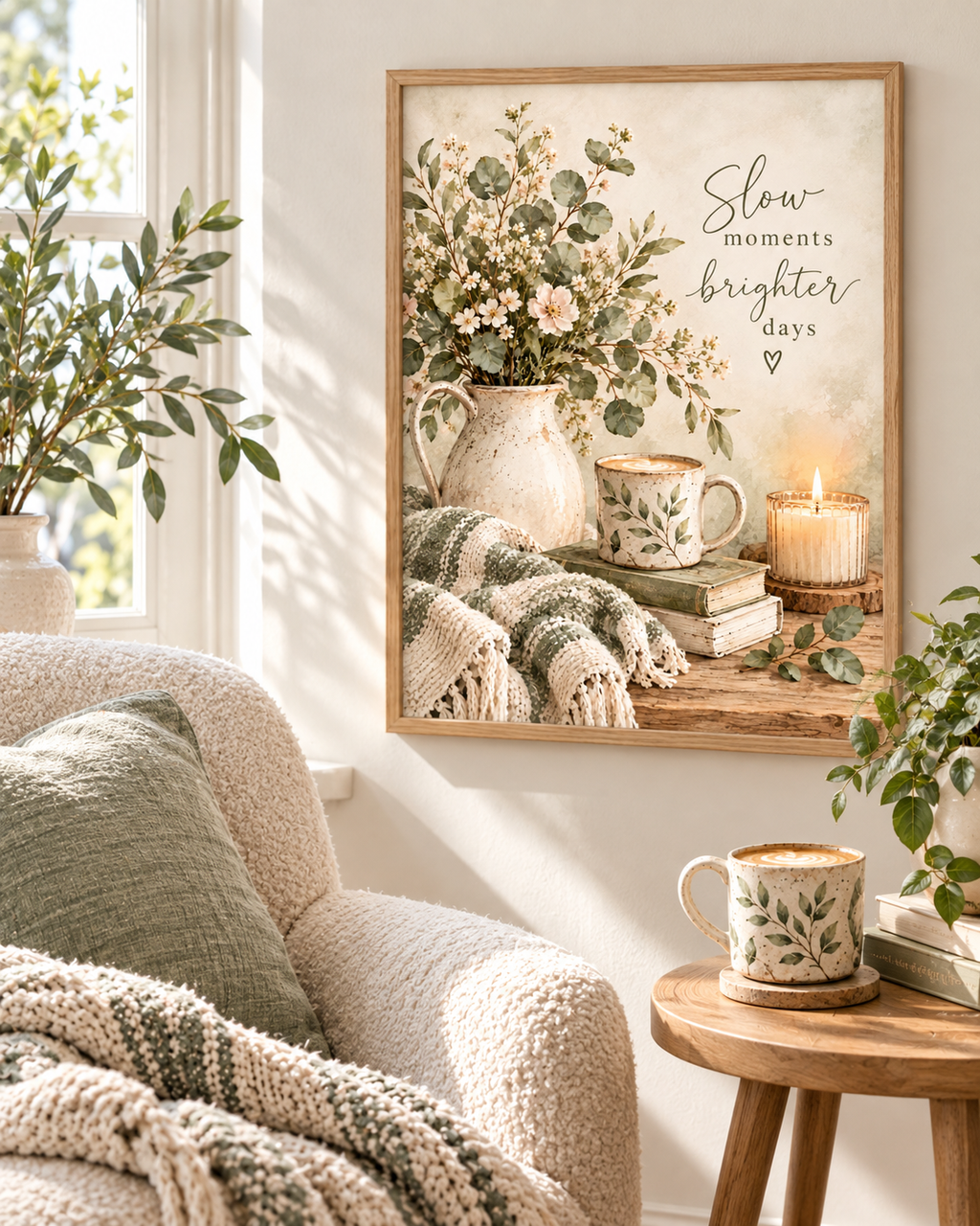 Slow moments brighter days botanical artwork beside a cosy armchair