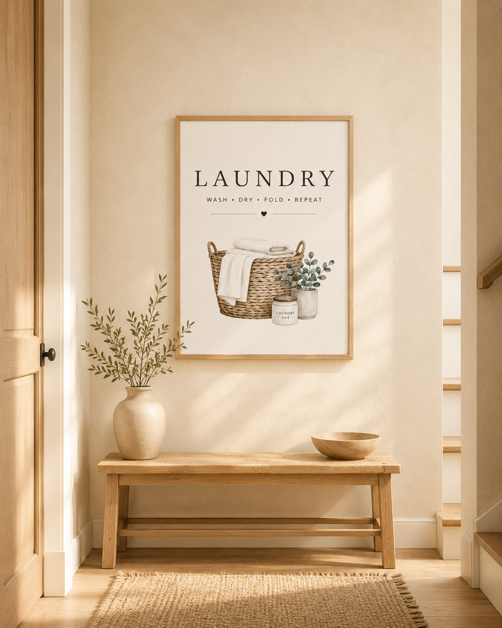 Laundry basket with folded linens, foliage and wash dry fold repeat lettering styled in a hallway
