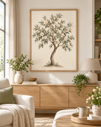 Watercolour botanical tree with sage green leaves, ivory white blossoms and a curved natural trunk on warm ivory styled in a living room